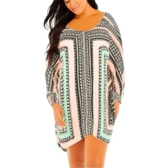 Glam Geometric Tunic Dress Size Large 3/4 Sleeve Floral Multicolor Hippie Artsy - Picture 1 of 7